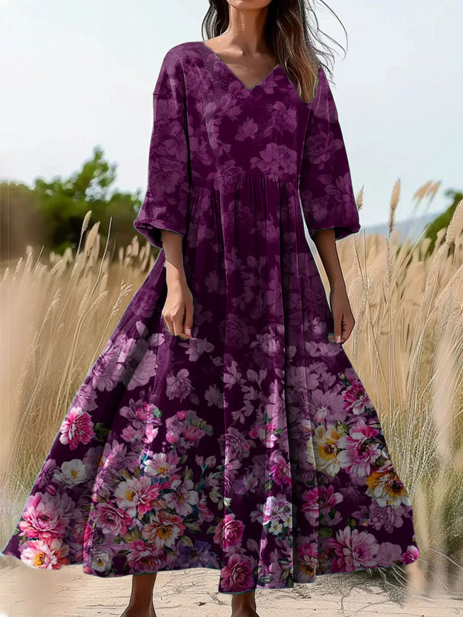 Retro Floral Art Print Long Sleeve Midi Dress